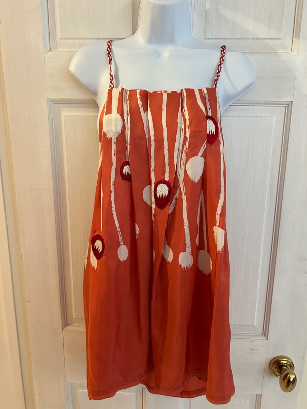 Silk Salmon Spaghetti Strap Tank Camisole Abstract White & Burgundy Embroidery